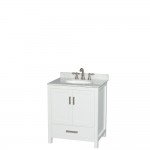 30 Inch Single Bathroom Vanity in White, White Carrara Marble Countertop, Oval Sink, No Mirror