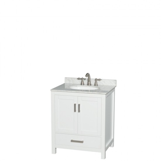 30 Inch Single Bathroom Vanity in White, White Carrara Marble Countertop, Oval Sink, No Mirror