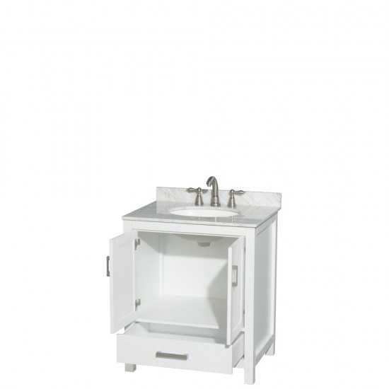 30 Inch Single Bathroom Vanity in White, White Carrara Marble Countertop, Oval Sink, No Mirror