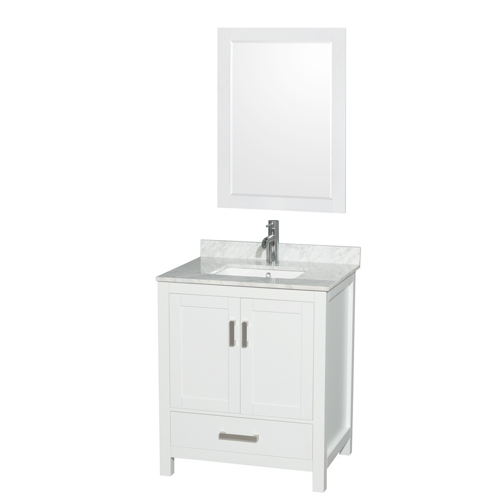 30 Inch Single Bathroom Vanity in White, White Carrara Marble Countertop, Sink, 24 Inch Mirror