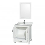 30 Inch Single Bathroom Vanity in White, White Carrara Marble Countertop, Sink, 24 Inch Mirror