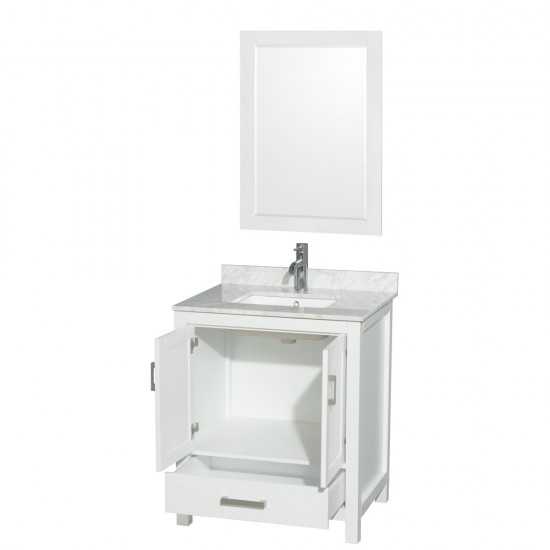 30 Inch Single Bathroom Vanity in White, White Carrara Marble Countertop, Sink, 24 Inch Mirror