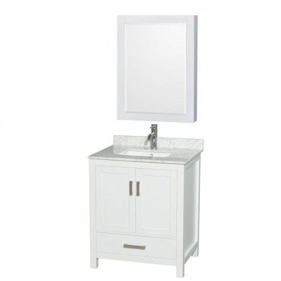 30 Inch Single Bathroom Vanity in White, White Carrara Marble Countertop, Sink, Medicine Cabinet