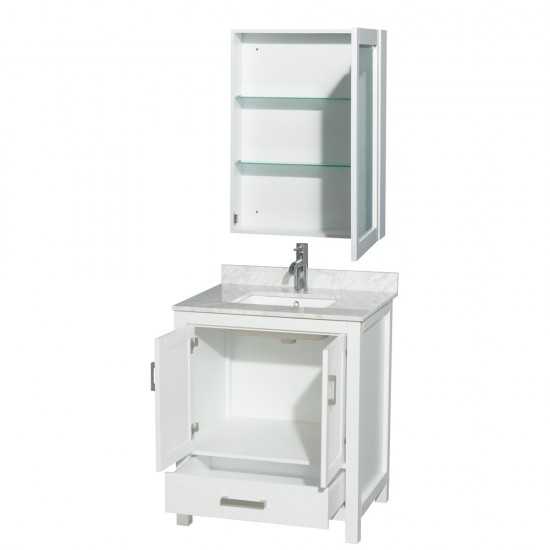 30 Inch Single Bathroom Vanity in White, White Carrara Marble Countertop, Sink, Medicine Cabinet