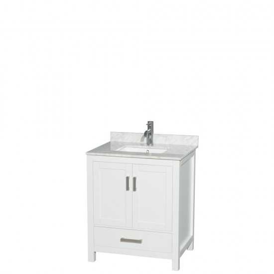 30 Inch Single Bathroom Vanity in White, White Carrara Marble Countertop, Sink, No Mirror