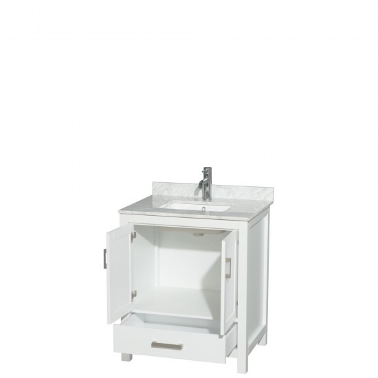 30 Inch Single Bathroom Vanity in White, White Carrara Marble Countertop, Sink, No Mirror