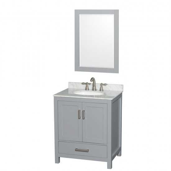 30 Inch Single Bathroom Vanity in Gray, White Carrara Marble Countertop, Oval Sink, 24 Inch Mirror