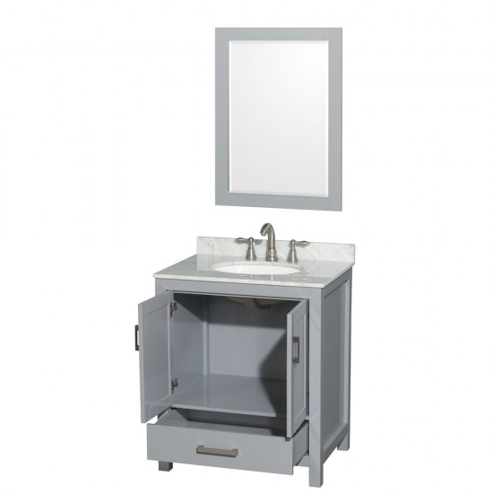 30 Inch Single Bathroom Vanity in Gray, White Carrara Marble Countertop, Oval Sink, 24 Inch Mirror