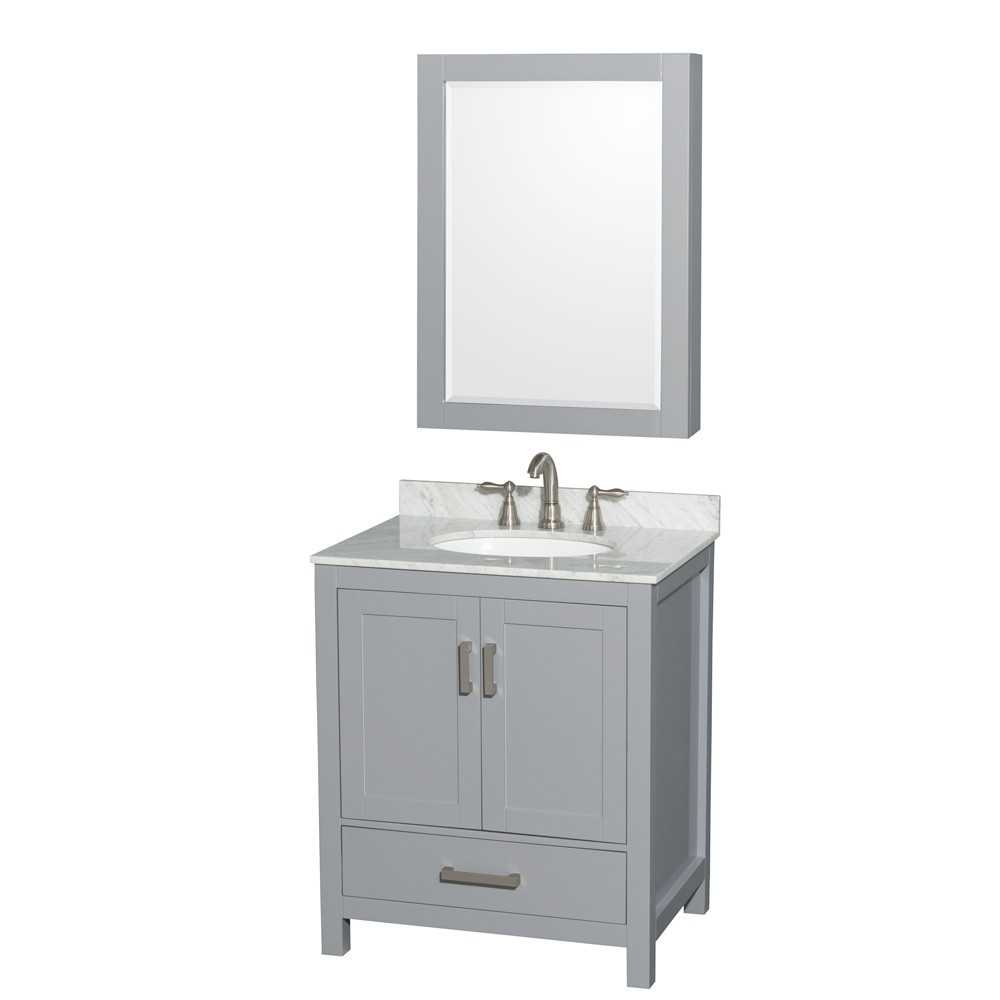 30 Inch Single Bathroom Vanity in Gray, White Carrara Marble Countertop, Oval Sink, Medicine Cabinet