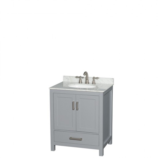 30 Inch Single Bathroom Vanity in Gray, White Carrara Marble Countertop, Oval Sink, No Mirror