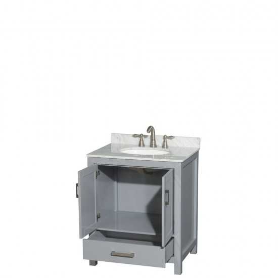 30 Inch Single Bathroom Vanity in Gray, White Carrara Marble Countertop, Oval Sink, No Mirror