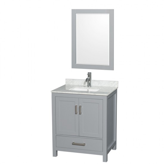 30 Inch Single Bathroom Vanity in Gray, White Carrara Marble Countertop, Sink, 24 Inch Mirror