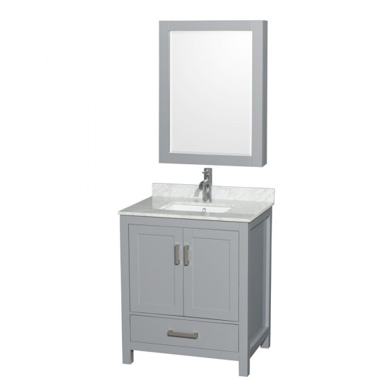 30 Inch Single Bathroom Vanity in Gray, White Carrara Marble Countertop, Sink, Medicine Cabinet