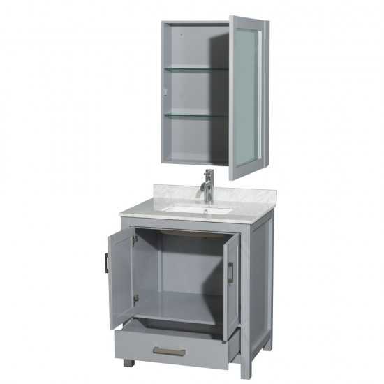 30 Inch Single Bathroom Vanity in Gray, White Carrara Marble Countertop, Sink, Medicine Cabinet