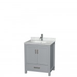 30 Inch Single Bathroom Vanity in Gray, White Carrara Marble Countertop, Sink, No Mirror