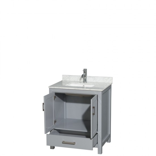 30 Inch Single Bathroom Vanity in Gray, White Carrara Marble Countertop, Sink, No Mirror