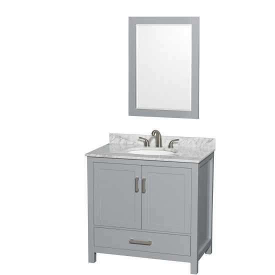 36 Inch Single Bathroom Vanity in Gray, White Carrara Marble Countertop, Oval Sink, 24 Inch Mirror