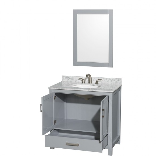 36 Inch Single Bathroom Vanity in Gray, White Carrara Marble Countertop, Oval Sink, 24 Inch Mirror