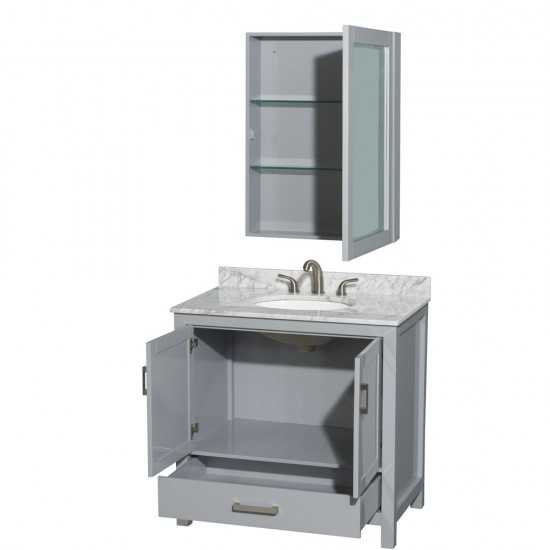 36 Inch Single Bathroom Vanity in Gray, White Carrara Marble Countertop, Oval Sink, Medicine Cabinet