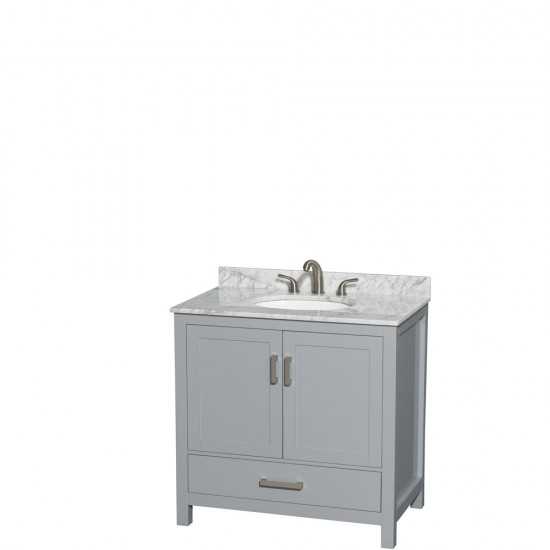 36 Inch Single Bathroom Vanity in Gray, White Carrara Marble Countertop, Oval Sink, No Mirror