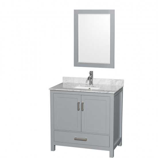 36 Inch Single Bathroom Vanity in Gray, White Carrara Marble Countertop, Sink, 24 Inch Mirror