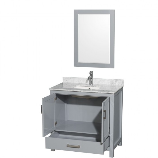 36 Inch Single Bathroom Vanity in Gray, White Carrara Marble Countertop, Sink, 24 Inch Mirror