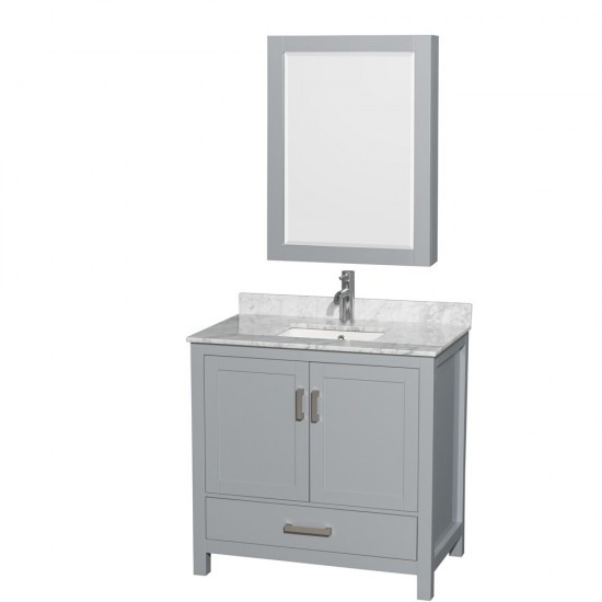 36 Inch Single Bathroom Vanity in Gray, White Carrara Marble Countertop, Sink, Medicine Cabinet