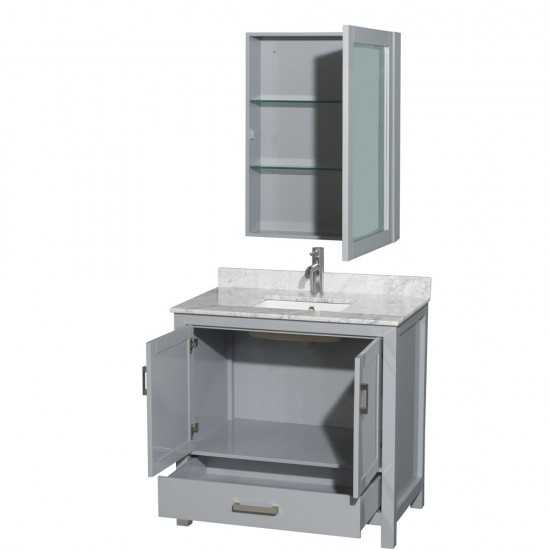 36 Inch Single Bathroom Vanity in Gray, White Carrara Marble Countertop, Sink, Medicine Cabinet