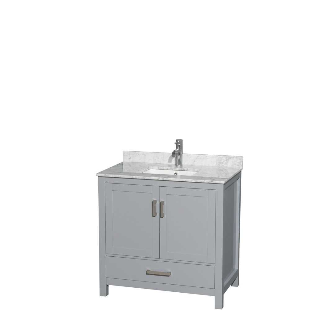 36 Inch Single Bathroom Vanity in Gray, White Carrara Marble Countertop, Sink, No Mirror