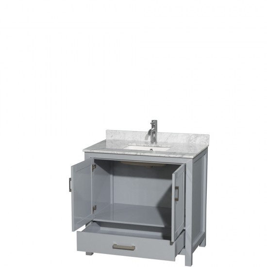 36 Inch Single Bathroom Vanity in Gray, White Carrara Marble Countertop, Sink, No Mirror