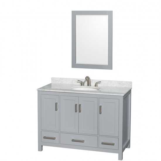 48 Inch Single Bathroom Vanity in Gray, White Carrara Marble Countertop, Oval Sink, 24 Inch Mirror