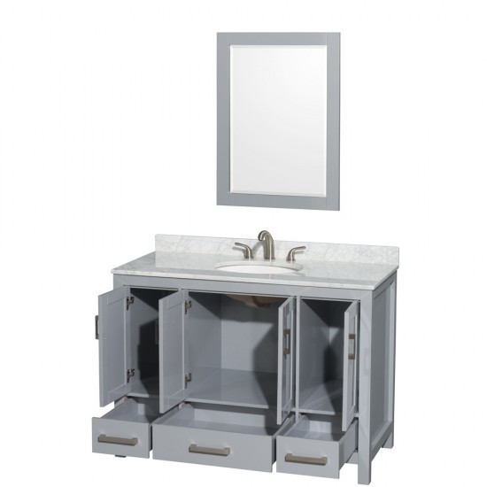 48 Inch Single Bathroom Vanity in Gray, White Carrara Marble Countertop, Oval Sink, 24 Inch Mirror