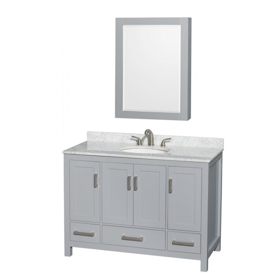 48 Inch Single Bathroom Vanity in Gray, White Carrara Marble Countertop, Oval Sink, Medicine Cabinet