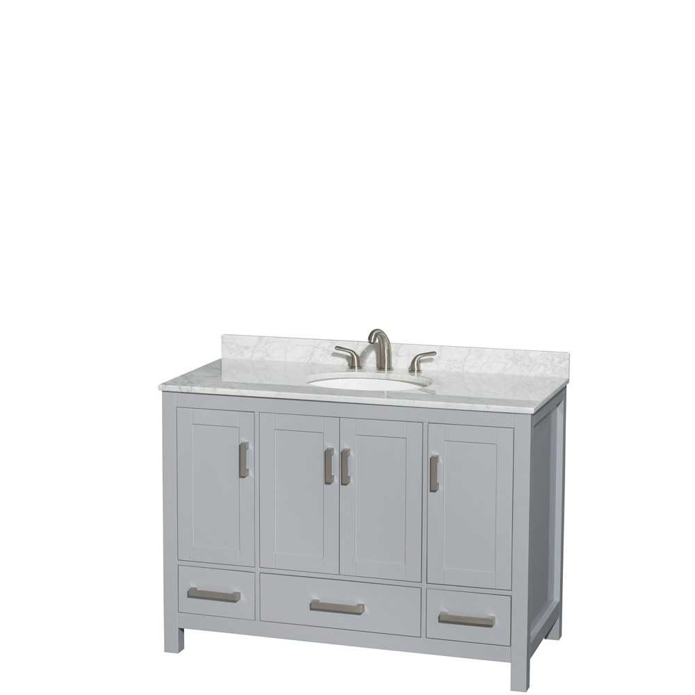 48 Inch Single Bathroom Vanity in Gray, White Carrara Marble Countertop, Oval Sink, No Mirror