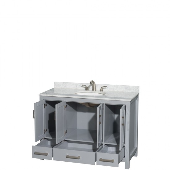 48 Inch Single Bathroom Vanity in Gray, White Carrara Marble Countertop, Oval Sink, No Mirror