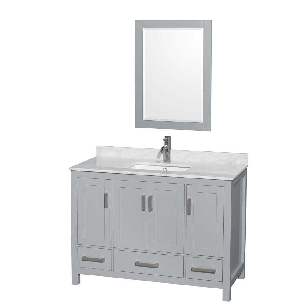 48 Inch Single Bathroom Vanity in Gray, White Carrara Marble Countertop, Sink, 24 Inch Mirror