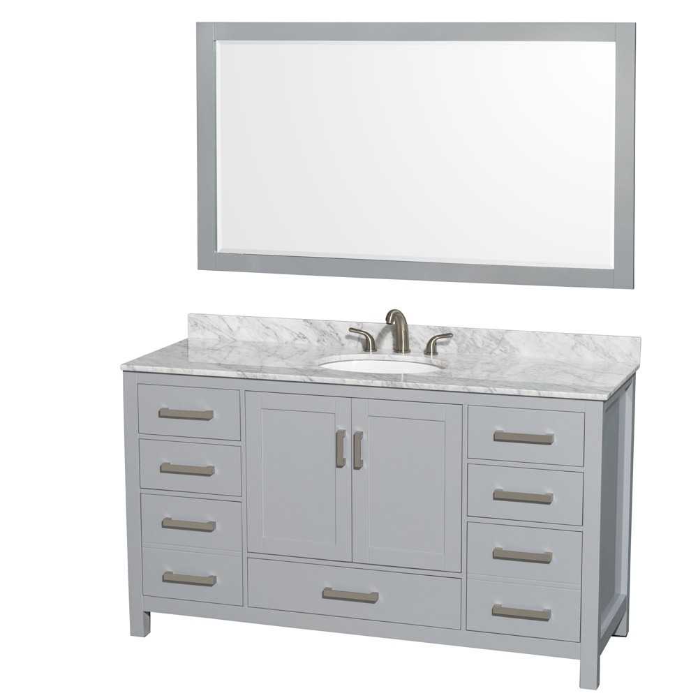 60 Inch Single Bathroom Vanity in Gray, White Carrara Marble Countertop, Oval Sink, 58 Inch Mirror