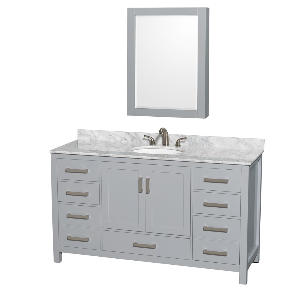 60 Inch Single Bathroom Vanity in Gray, White Carrara Marble Countertop, Oval Sink, Medicine Cabinet