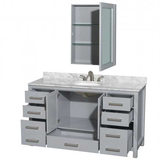 60 Inch Single Bathroom Vanity in Gray, White Carrara Marble Countertop, Oval Sink, Medicine Cabinet