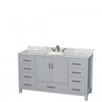 60 Inch Single Bathroom Vanity in Gray, White Carrara Marble Countertop, Oval Sink, No Mirror