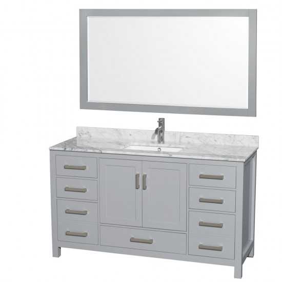 60 Inch Single Bathroom Vanity in Gray, White Carrara Marble Countertop, Sink, 58 Inch Mirror