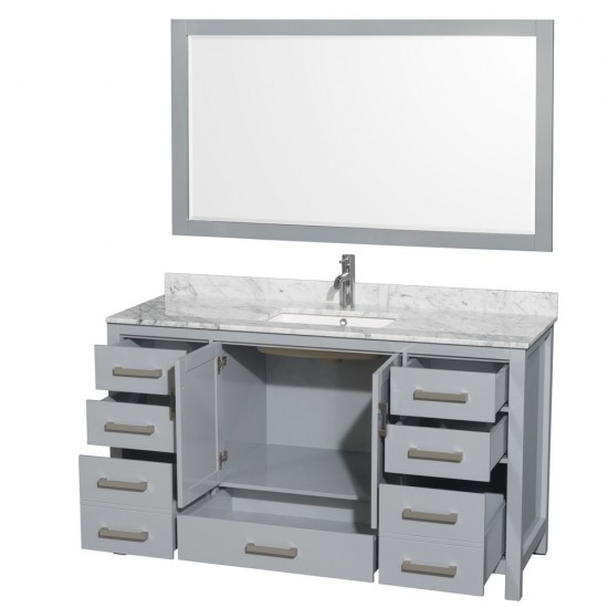 60 Inch Single Bathroom Vanity in Gray, White Carrara Marble Countertop, Sink, 58 Inch Mirror