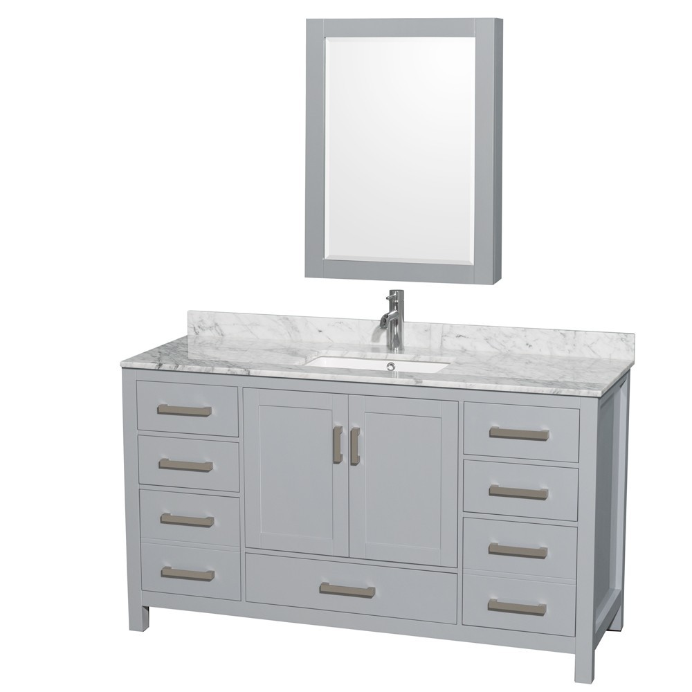 60 Inch Single Bathroom Vanity in Gray, White Carrara Marble Countertop, Sink, Medicine Cabinet