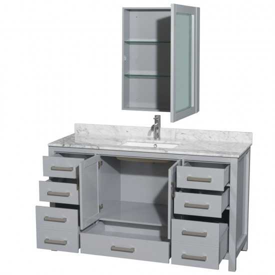 60 Inch Single Bathroom Vanity in Gray, White Carrara Marble Countertop, Sink, Medicine Cabinet