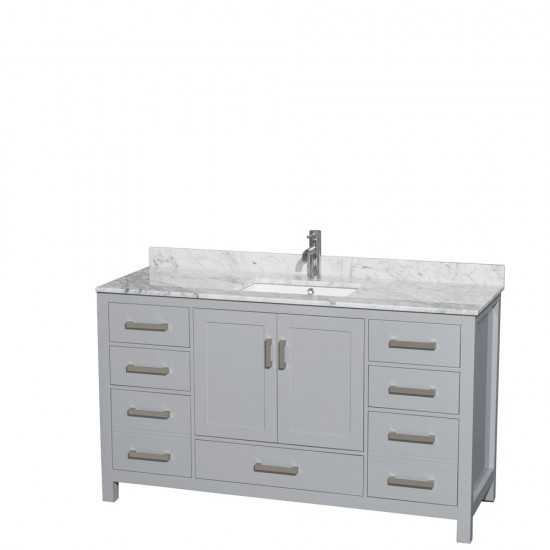 60 Inch Single Bathroom Vanity in Gray, White Carrara Marble Countertop, Sink, No Mirror