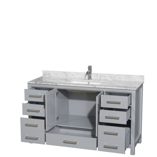 60 Inch Single Bathroom Vanity in Gray, White Carrara Marble Countertop, Sink, No Mirror