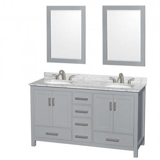 60 Inch Double Bathroom Vanity in Gray, White Carrara Marble Countertop, Oval Sinks, 24 Inch Mirrors