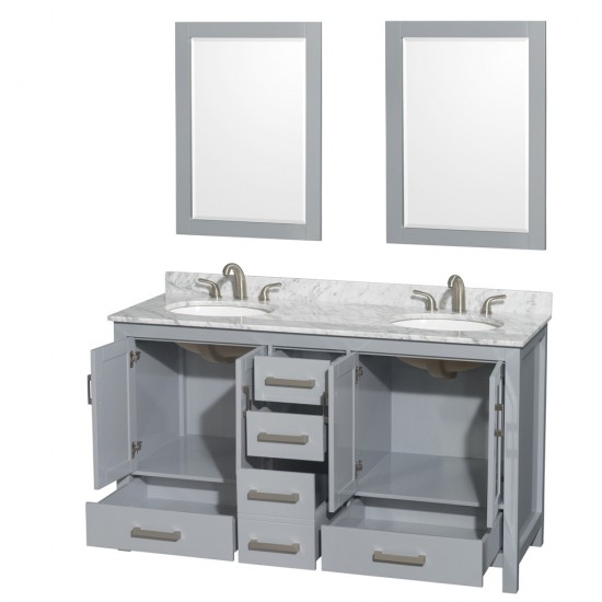 60 Inch Double Bathroom Vanity in Gray, White Carrara Marble Countertop, Oval Sinks, 24 Inch Mirrors