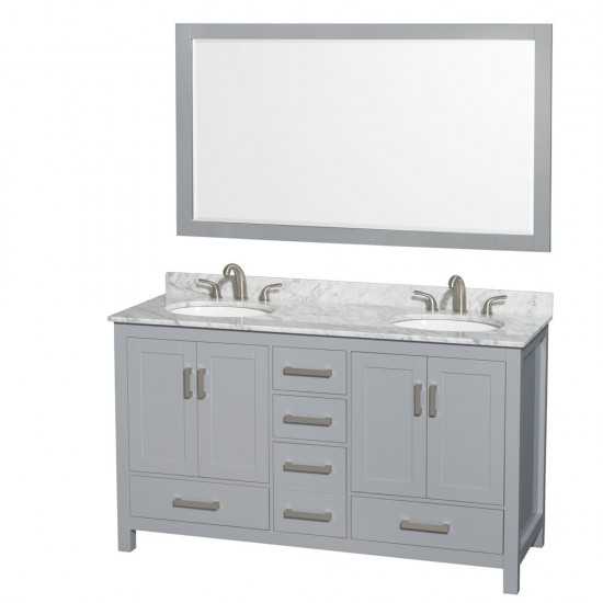 60 Inch Double Bathroom Vanity in Gray, White Carrara Marble Countertop, Oval Sinks, 58 Inch Mirror