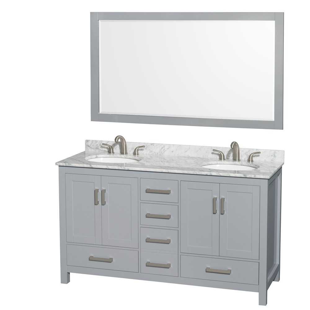 60 Inch Double Bathroom Vanity in Gray, White Carrara Marble Countertop, Oval Sinks, 58 Inch Mirror